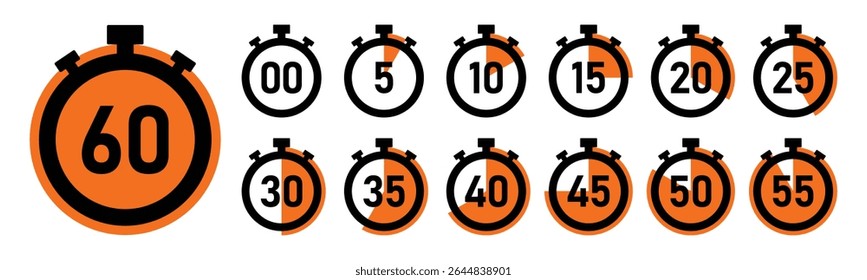 Stopwatch timer countdown clock set with 0 to 60 minutes in orange color vector illustration. Best for timers, countdown, health fitness, marketing and app Ui graphics. Stopwatch icons flat vector.