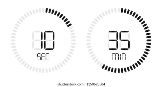 Stopwatch timer or digital countdown with minutes and seconds for smartphone clock and smart watch or time countdown application. Vector isolated black on white background