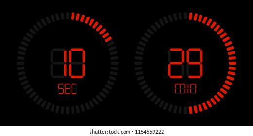 Stopwatch timer or digital countdown with minutes and seconds for smartphone clock and smart watch or time countdown application. Vector isolated red on black background