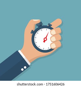 Stopwatch timer in hand on blue background. vector illustration in flat design. Businessman time control management concept. Stop time on competition.