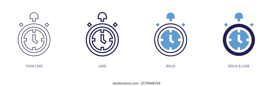 Stopwatch timer holder icon in 4 different styles. Thin Line, Line, Bold, and Bold Line. Duotone style. Editable stroke.