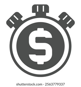 Stopwatch timer with huge dollar letter solid icon, financial advice concept. Vector graphics. Clock, time is money sign on white background, glyph style icon for mobile or web design