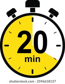 Stopwatch and Timer icon. 20 minutes countdown timer sign. Cooking time vector. Countdown timer symbol isolated on transparent background. Deadline related icon. Vector illustration.