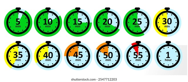 Cronómetro o icono de temporizador para fecha límite, deporte, cocina, medida de velocidad, minuto, etc. Conjunto de iconos de temporizador colorido. Vector EPS diseño plano aislado.	
