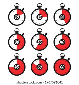 Stopwatch, Timer icon set for 10, 15, 25,  30, 45, 60… minutes. Vector illustration, isolated on white background. Can be used for apps, websites, shipping services...