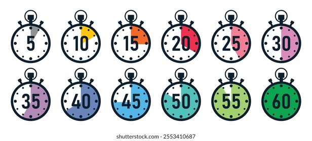 Stopwatch timer icon set with 5 minutes gap in colorful. 5-minute clock on white background. Set of timers. Stopwatch icons. Countdown 5, 10, 15, 20, 25, 30, 35, 40, 45, 50, minutes timer.