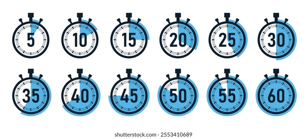 Stopwatch timer icon set with 5 minutes gap in blue color. 5-minute clock on white background. Set of timers. Stopwatch icons. Countdown 5, 10, 15, 20, 25, 30, 35, 40, 45, 50, minutes timer.