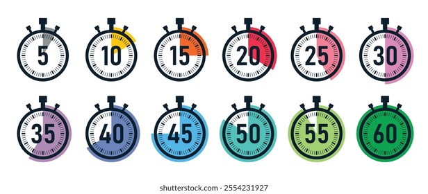 Stopwatch timer icon set with 5 minutes gap in colorful style. 5-minute clock on white background. Set of timers. Stopwatch icons. Countdown 5, 10, 15, 20, 25, 30, 35, 40, 45, 50, minutes timer.