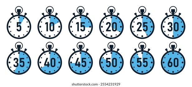 Stopwatch timer icon set with 5 minutes gap in blue color. 5-minute clock on white background. Set of timers. Stopwatch icons. Countdown 5, 10, 15, 20, 25, 30, 35, 40, 45, 50, minutes timer.