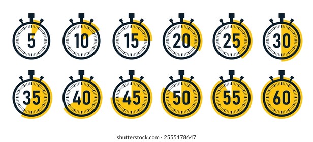 Stopwatch timer icon set with 5 minutes gap in yellow color. 5-minute clock on white background. Set of timers. Stopwatch icons. Countdown 5, 10, 15, 20, 25, 30, 35, 40, 45, 50, minutes timer.