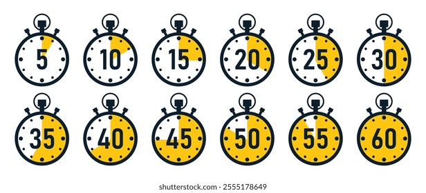 Stopwatch timer icon set with 5 minutes gap in yellow color. 5-minute clock on white background. Set of timers. Stopwatch icons. Countdown 5, 10, 15, 20, 25, 30, 35, 40, 45, 50, minutes timer.