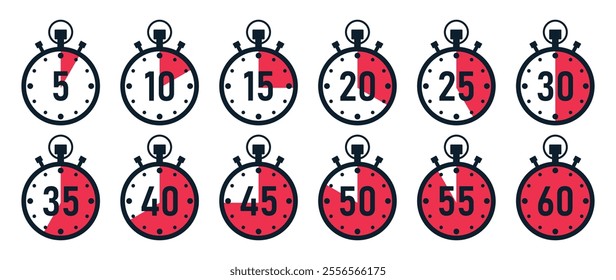 Stopwatch timer icon set with 5 minutes gap in red color. 5-minute clock on white background. Set of timers. Stopwatch icons. Countdown 5, 10, 15, 20, 25, 30, 35, 40, 45, 50, minutes timer.