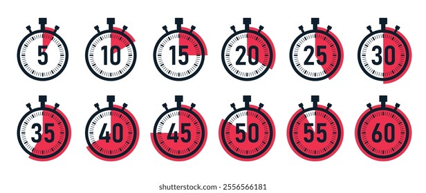 Stopwatch timer icon set with 5 minutes gap in red color. 5-minute clock on white background. Set of timers. Stopwatch icons. Countdown 5, 10, 15, 20, 25, 30, 35, 40, 45, 50, minutes timer.