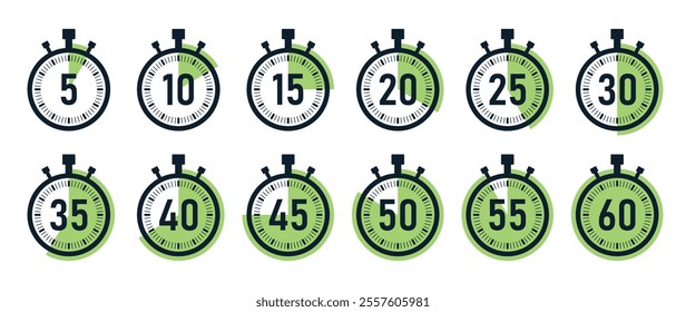 Stopwatch timer icon set with 5 minutes gap in green color. 5-minute clock on white background. Set of timers. Stopwatch icons. Countdown 5, 10, 15, 20, 25, 30, 35, 40, 45, 50, minutes timer.