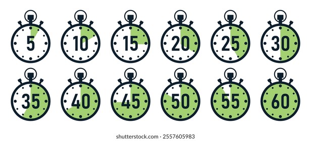 Stopwatch timer icon set with 5 minutes gap in green color. 5-minute clock on white background. Set of timers. Stopwatch icons. Countdown 5, 10, 15, 20, 25, 30, 35, 40, 45, 50, minutes timer.