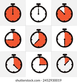 Stopwatch or timer icon set of 9. Chronometer, deadline time interval sign. Time measurement Stock vector illustration isolated on white background.