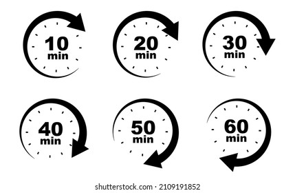 Stopwatch timer icon set. Countdown timer collection. Stopwatch with minute and arrow. Arrow in circle. Stock vector illustration