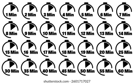 Stopwatch timer icon set, countdown for 60 minutes, time running out concept