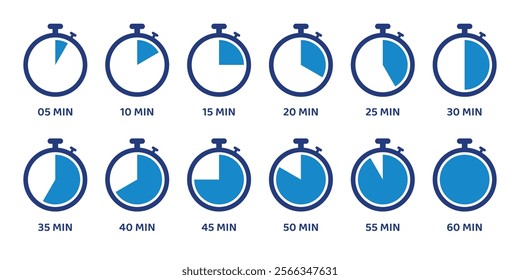 A stopwatch and timer icon set featuring various clock and timer symbols. Includes classic stopwatch designs, digital timers, countdown symbols, and related icons for time tracking and measurement.