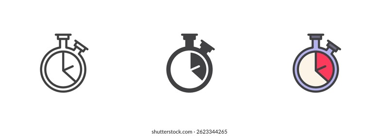 Stopwatch timer icon set in line, solid and filled outline style
