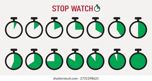 Stopwatch timer icon set showing different time intervals
