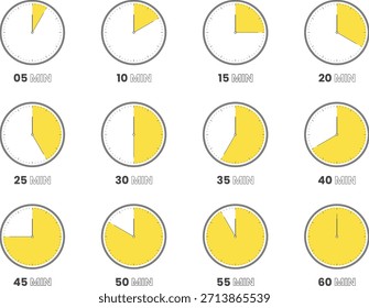Iconos de temporizador de cronómetro de 5 a 60 minutos: diseño de Vector de medición de tiempo plano