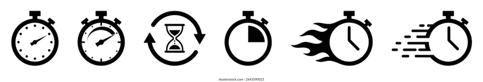 Stopwatch and timer icons with countdown, speed, motion, and hourglass symbols. Ideal for time, deadline, urgency, tracking, or productivity related design and UI projects.