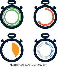 Stopwatch Timer icons logos set Time and clock icons set, time management concept, Ideal for tracking and measuring time in different tasks like cooking, sports, or productivity. Vector illustration.