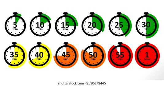 stopwatch or timer icons set. countdown icons collection for cooking, racing, exam, sport etc use.	