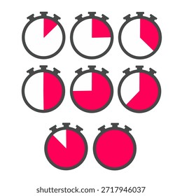 Stopwatch timer icons set displaying various percentages of completion countdown elapsed time progress