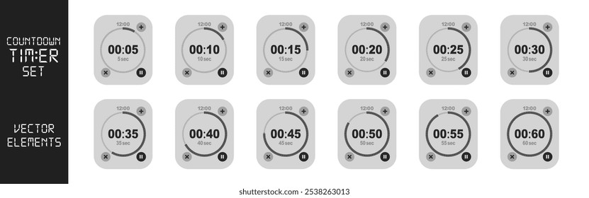 Cronómetro, iconos de temporizador sobre fondo transparente. ​ de velocidad​medidas, cuenta regresiva de 0 a 60 segundos. Cronómetro, Ilustración vectorial del temporizador de cuenta regresiva