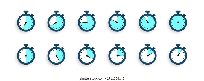 Stopwatch, timer icons set. Speed ​​measurements, countdown from 0 to 60 seconds. Vector illustration