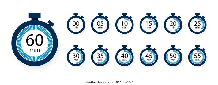 Stopwatch, timer icons set. Speed ​​measurements, countdown from 0 to 60 seconds. Vector illustration