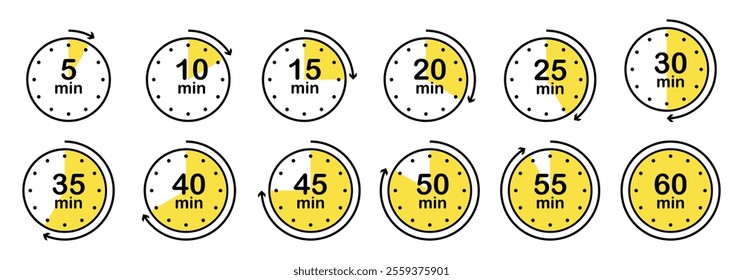 Stopwatch, timer icons set. Speed ​​measurements, countdown from 5, 10, 15, 20, 25, 30, 35, 40, 45, 50, 55 and 60 minutes. stopwatch isolated set in yellow color vector on white background.
