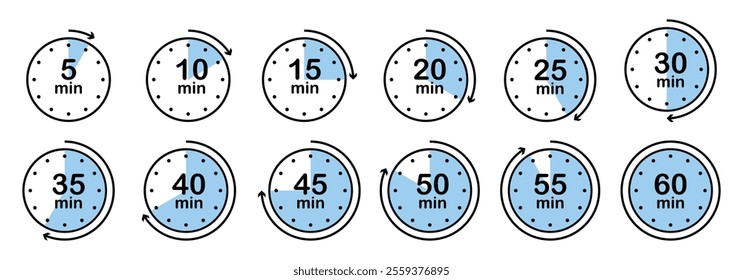 Stopwatch, timer icons set. Speed ​​measurements, countdown from 5, 10, 15, 20, 25, 30, 35, 40, 45, 50, 55 and 60 minutes. stopwatch isolated set in blue and black color vector on white background.
