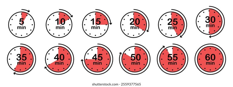 Stopwatch, timer icons set. Speed ​​measurements, countdown from 5, 10, 15, 20, 25, 30, 35, 40, 45, 50, 55 and 60 minutes. stopwatch isolated set in red and black color vector on white background.
