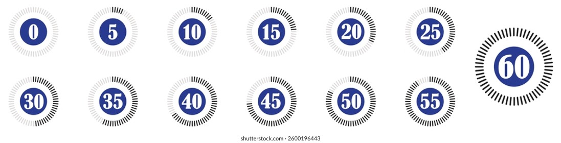 Stopwatch, timer icons set. Speed ​​measurements, countdown from 5 to 60 seconds minutes or hours. Stopwatch number markers for event tracking. Countdown numbers set for efficiency monitoring. clock