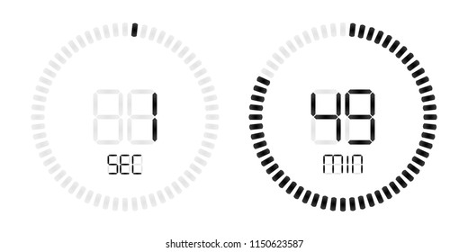 Stopwatch timer with minutes and seconds digital countdown display. Isolated black on white vector background