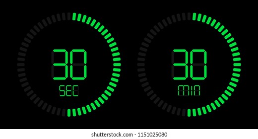 Stopwatch timer with minutes and seconds digital countdown display. Isolated green illumination on black vector background