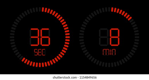 Stopwatch timer with minutes and seconds digital countdown display. Isolated red illumination on black vector background