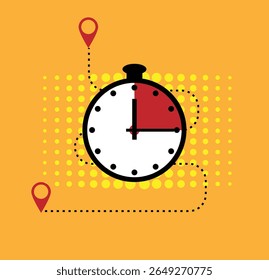 Timer de cronômetro com rastreamento de rota e marcadores de localização Tempo de entrega rápido. Fornecendo produtos e serviços rápidos, arte vetorial de conceito de localização de escritório