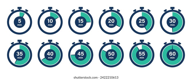 Stopwatch timer set of 12 in cyan color 5-minute clock on white background. Set of timers. Stopwatch icons. Countdown 5, 10, 15, 20, 25, 30, 35, 40, 45, 50, 55, 60 minutes - Vector Icon