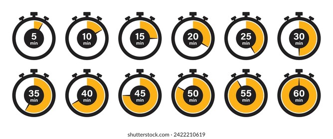 Stopwatch timer set of 12 in yellow color 5-minute clock on white background. Set of timers. Stopwatch icons. Countdown 5, 10, 15, 20, 25, 30, 35, 40, 45, 50, 55, 60 minutes - Vector Icon