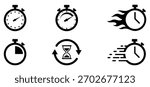 Stopwatch and timer set showing speed, countdown, hourglass, motion, and time concepts. Symbols for clock, fast action, delay and schedule themes. Includes simple time, speed, clock, fast, countdown.