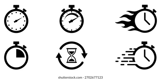 Cronômetro e temporizador definido mostrando os conceitos de velocidade, contagem regressiva, ampulheta, movimento e tempo. Símbolos para temas de relógio, ação rápida, atraso e agendamento. Inclui tempo simples, velocidade, relógio, rápido, contagem regressiva.