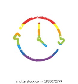 Stopwatch or timer, simple icon. Drawing sign with LGBT style, seven colors of rainbow (red, orange, yellow, green, blue, indigo, violet