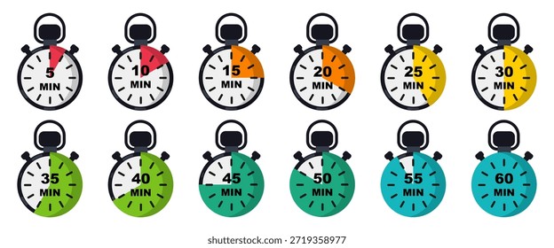 Stopwatch timers showing different minute intervals. Time management icons for productivity and scheduling