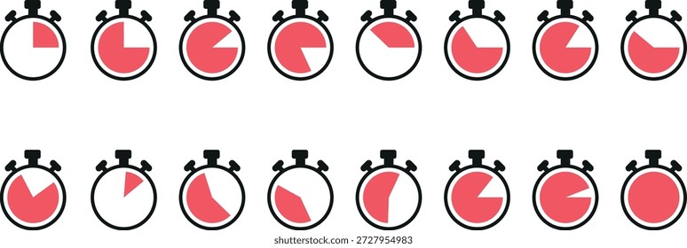 Ícones de Cronometragem de Cronometragem. Conjunto de ícones do temporizador do relógio com intervalos de contagem regressiva. Cronômetro Relógio com Diferentes Segmentos de Tempo Vetor.