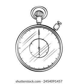 Stopwatch for timing. Vector illustration of chronometer on isolated background. Drawing of Timer for icon in linear style. Sketch of vintage clock for sports competitions painted by black inks.