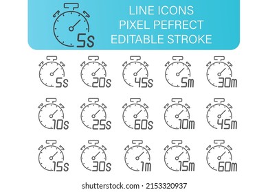 Stopwatch tine line icons set, with diferend little time icons, editable stroke. pixel perfect